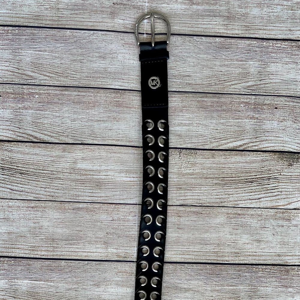 Michael Kors Size Medium Women's Belt Black Synthetic Leather Silver Tone Buckle